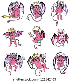 Little devil cartoons. Set of color vector illustrations.