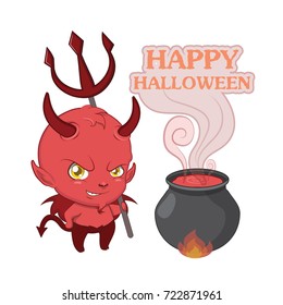 Little devil greeting with pitchfork and cauldron