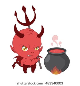 Little devil with pitchfork and cauldron