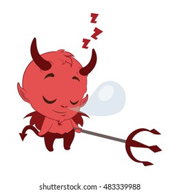 Little devil sleeping with pitchfork in hand