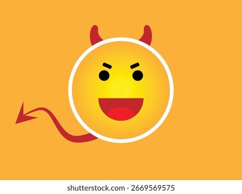 Little Devil Smiley mit Schwanz und Hörnern bunter Hintergrund. Emotionen und Verhalten, Psychologie und Themen, Vektorkunst