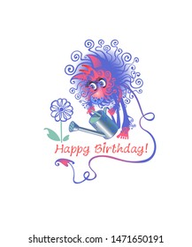 Little devil is watering flower. Birthday card.  Vector graphics