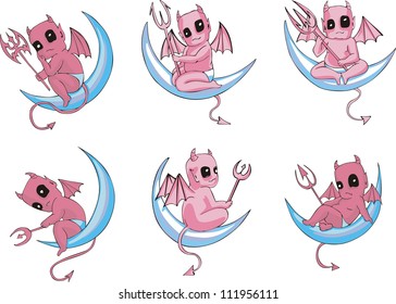 Little devils on moon. Set of color vector illustrations in cartoon style.