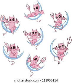 Little devils on moon. Set of color vector illustrations in cartoon style.