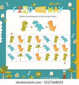 Little dino activities for kids. Find the way – follow the dinosaurs in the correct order. Maze games for kids. Vector illustration. Book square format. Page for activity book.