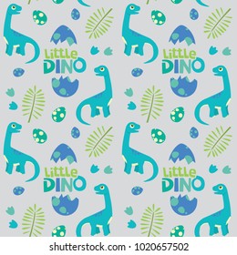 Little Dino Brontosaurus Seamless Pattern Gray Background Vector Illustration