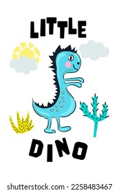 Little Dino dinosaur inscription, cute print design, funny hand drawn doodle, cartoon alligator. Good for Poster or t-shirt textile graphic design. Vector hand drawn illustration.