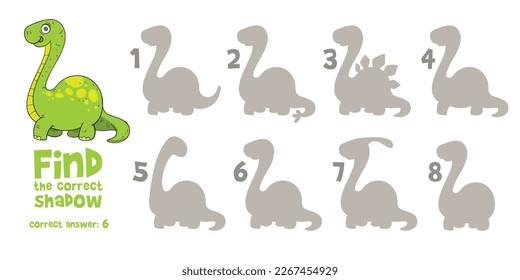 Pequeño Dino. Encuentra la sombra correcta. Buscar 2 mismos objetos. Juego educativo para niños. Elija la respuesta correcta. Personajes de dibujos animados coloridos. Graciosa ilustración vectorial. Aislado sobre fondo blanco