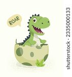 Little Dino. Hatched Little Dinosaur Baby, Child, Kid. Tirannosaur Tirex, Dinosaur Egg. Cartoon T-Rex. Vector Cute and Funny Cartoon Hand Drawn Dinosaur, Children s Illustration, Print for Kids, Card