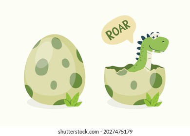 Little Dino. Hatched Little Dinosaur Baby, Child, Kid. Tirannosaur Tirex, Dinosaur Egg. Cartoon T-Rex. Vector Cute and Funny Cartoon Hand Drawn Dinosaur, Children s Illustration, Print for Kids, Card