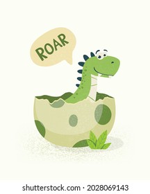 Little Dino. Hatched Little Dinosaur Baby, Child, Kid. Tirannosaur Tirex, Dinosaur Egg. Cartoon T-Rex. Vector Cute and Funny Cartoon Hand Drawn Dinosaur, Children s Illustration, Print for Kids, Card