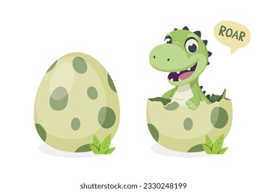 Little Dino. Hatched Little Dinosaur Baby, Child, Kid. Tirannosaur Tirex, Dinosaur Egg. Cartoon T-Rex. Vector Cute and Funny Cartoon Hand Drawn Dinosaur, Children s Illustration, Print for Kids, Card