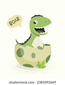Little Dino. Hatched Little Dinosaur Baby, Child, Kid. Tirannosaur Tirex, Dinosaur Egg. Cartoon T-Rex. Vector Cute and Funny Cartoon Hand Drawn Dinosaur, Children s Illustration, Print for Kids, Card