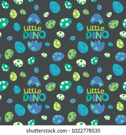 Little Dino Lettering With Colorful Spotted Dinosaur Eggs On Dark Background Seamless Pattern Vector Illustration