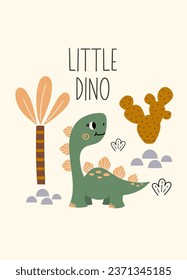 Little Dino quote. Cute dinosaur color vector character. Baby illustration of dino in cartoon style. Childish art for nursery, poster, textile and kids apparel.