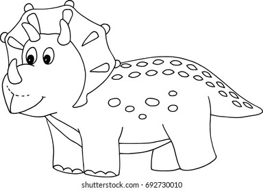 Little dino triceratops cute cartoon character. Black and white outline vector illustration. For kids coloring book, album, magazine, color me task. Hand drawn sketch. Childish lovely style.