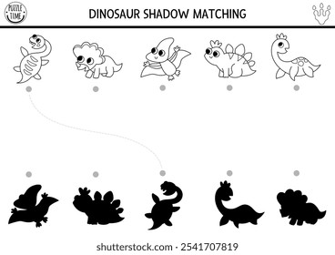 Sombra preta e branca de dinossauro pequena combinando atividade com animais. Quebra-cabeça de linha pré-histórica com estegossauro bebê, tricerátops. Encontre silhueta correta planilha imprimível, jogo. Página de coloração de dino
