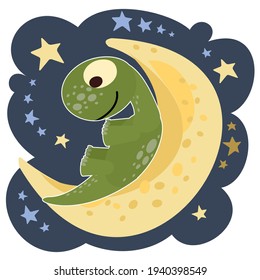 Little dinosaur cub sits on the moon. Starry night sky Isolated object on white background. Cheerful kind animal baby dino. Cartoons flat style. Prehistoric reptile. Funny. Illustration vector