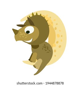 Little dinosaur cub sits on the moon. Starry night sky Isolated object on white background. Cheerful kind animal baby dino. Cartoons flat style. Prehistoric reptile. Funny. Illustration vector