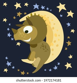 Little dinosaur cub sits on the moon. Starry night sky . Cheerful kind baby dino animal. Cartoon in flat style. Prehistoric reptile. Funny vector illustration.