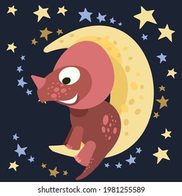 Little dinosaur cub sits on the moon. Starry night sky . Cheerful kind animal baby dino. Cartoons flat style. Prehistoric reptile. Funny. Illustration vector