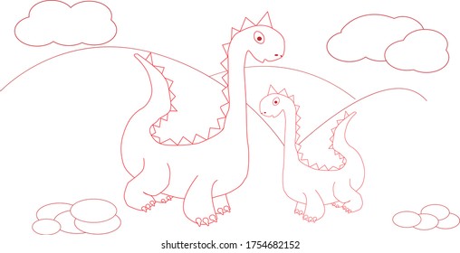Little dinosaur.two Dinos against the background of mountains.sketch. coloring.vector.

