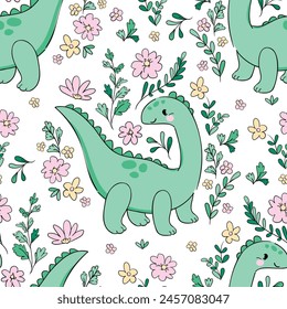 Сute little Dinosaur and flowers seamless pattern. Hand drawn trend print for kids fabric Vector Illustration