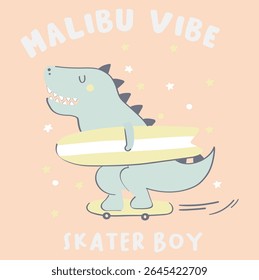 Little dinosaur is going Malibu for surfing, skaketing Dino on peach pale background standing with star in yellow and white skater boy baby dino, use for apparel tees, books wallpaper,bottle,etc.