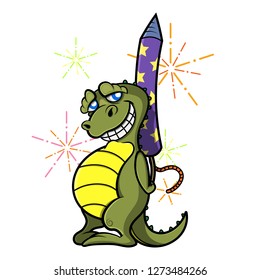 Little Dinosaur hiding a firecrackers behind his body and smile at the fireworks festival cartoon vector