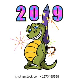 Little Dinosaur hiding a firecrackers behind his body forms the number 2019 at the fireworks festival cartoon vector