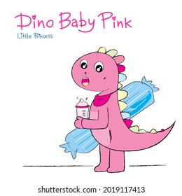 Little dinosaur. Pink color cartoon cute of baby girl Dino holding a feeding bottle and a bolster. Vector illustration in doodle Hand drawing imagination. Art for kids decor wall, Nursery, print, etc