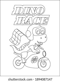 little dinosaur riding a classic  motorcycle. Creative vector Childish design for kids activity colouring book or page.
