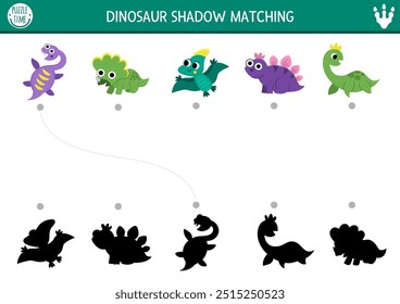 Kleine Dinosaurier Schatten passende Aktivität mit Tieren. Prähistorisches Puzzle mit süßem Baby-Stegosaurier, Triceratops, Plesiosaurier. Finden Sie richtige Silhouette druckbare Arbeitsblatt, Spiel. Dino-Landseite für Kinder