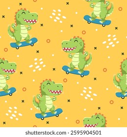 Little dinosaur skate hand drawn pattern designs for print on fabric and other uses