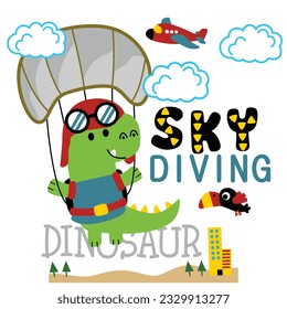 a little dinosaur with skydiving funny cartoon