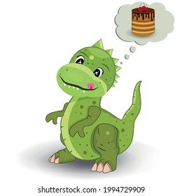 Little dinosaur thinks about a delicious cake. Children's picture. Pie fantasies. Vector. The dragon is green. Illustration. White background