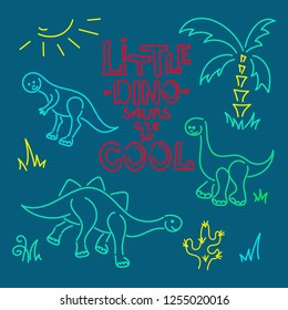 "Little dinosaurs are so cool" - text. Cute vector dinosaurs isolated on blue background. Palm tree, cactus,