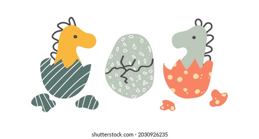 Little dinosaurs in the eggs. Cracked egg. Vector illustration. Baby print