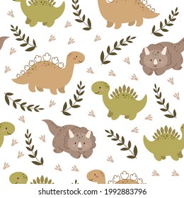 Little dinosaurs seamless pattern. Scandinavian cute print for nursery t-shirts, textiles, wrapping paper, kids apparel, invitation cover. Bright colored childish vector illustration.