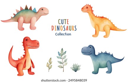 Little dinosaurs. Vector set of watercolor dinosaurs. Cute hand drawn dinosaur illustrations.