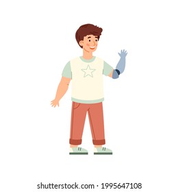 Little disabled boy with arm prosthesis, cartoon vector illustration isolated on white background. Smiling handicapped invalid child cartoon character.
