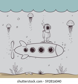 Little diver floats on submarine in the deep ocean.Character design.Vintage childish vector illustration