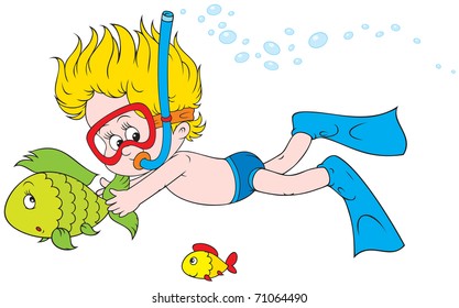 Little diver swimming with fishes