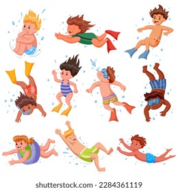 Little divers cartoon set, Children snorkeling, Set Funny cartoon character, Vector illustration