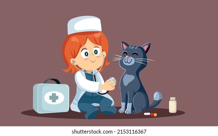 
Little Doctor Girl Consulting her Cat Vector Cartoon Illustration. Adorable toddler child showing interest in animal care profession
