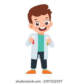 Little Doctor Kid holding test tube Pose Collection. Little Boy do research in lab, Scientist Chemistry Classroom Activity Isolated Element Objects. Flat Style Icon Vector Illustration