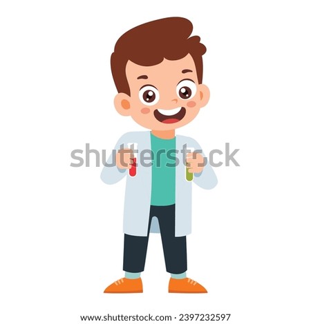 Little Doctor Kid holding test tube Pose Collection. Little Boy do research in lab, Scientist Chemistry Classroom Activity Isolated Element Objects. Flat Style Icon Vector Illustration Stock photo © 