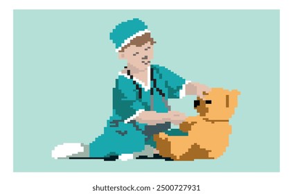 The little doctor treats his teddy bear. Image in pixel art style, 8 bit games for console and computer. Concept for children's medical institutions.