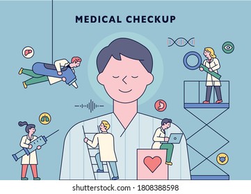 Little doctors are doing research around the giant patient character. flat design style minimal vector illustration.