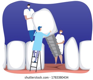 Little doctors insert a dental implant or prosthesis into a large jaw with  teeth. Flat vector stock illustration with dentists or orthodontists as endpoint orthodontic services, implantation